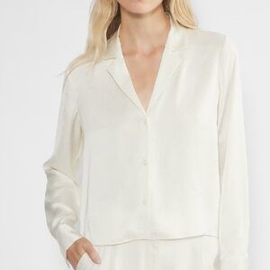 Wilfred Light Birch Off White Satin Button-Front Long Sleeve Top Aritzia Medium